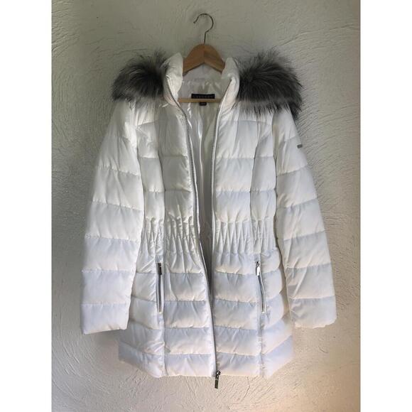 LAUNDRY BY SHELLI SEGAL NWOT Size L White Puffer Coat Detachable Gray Faux Fur - Picture 12 of 14